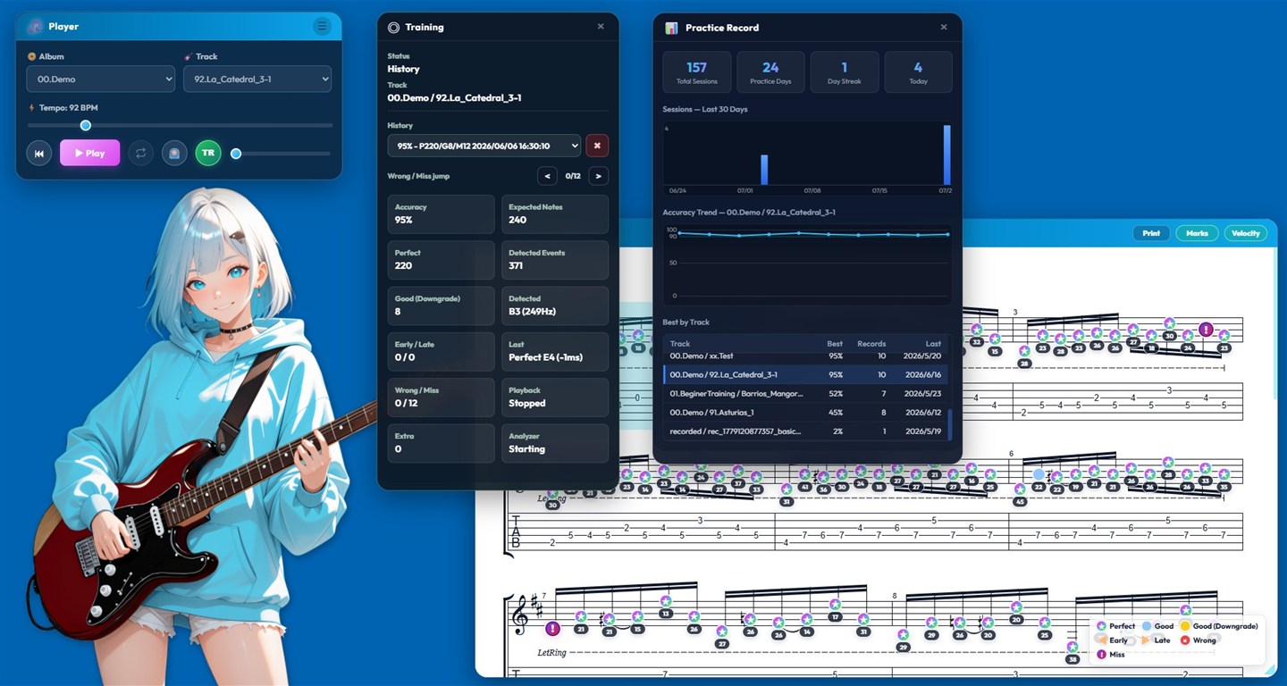 Practice records showing accuracy and past sessions