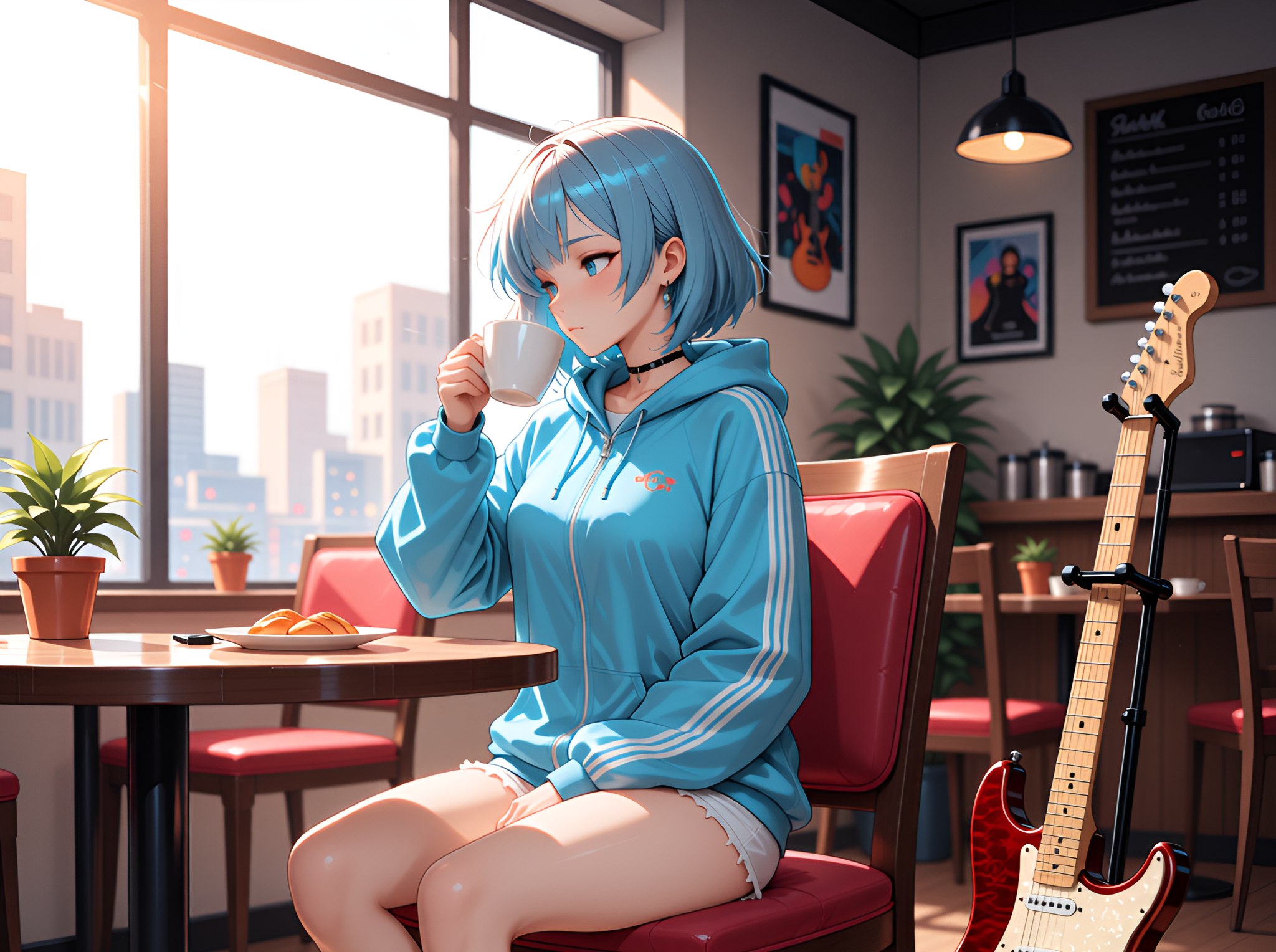 Sora taking a break beside a guitar