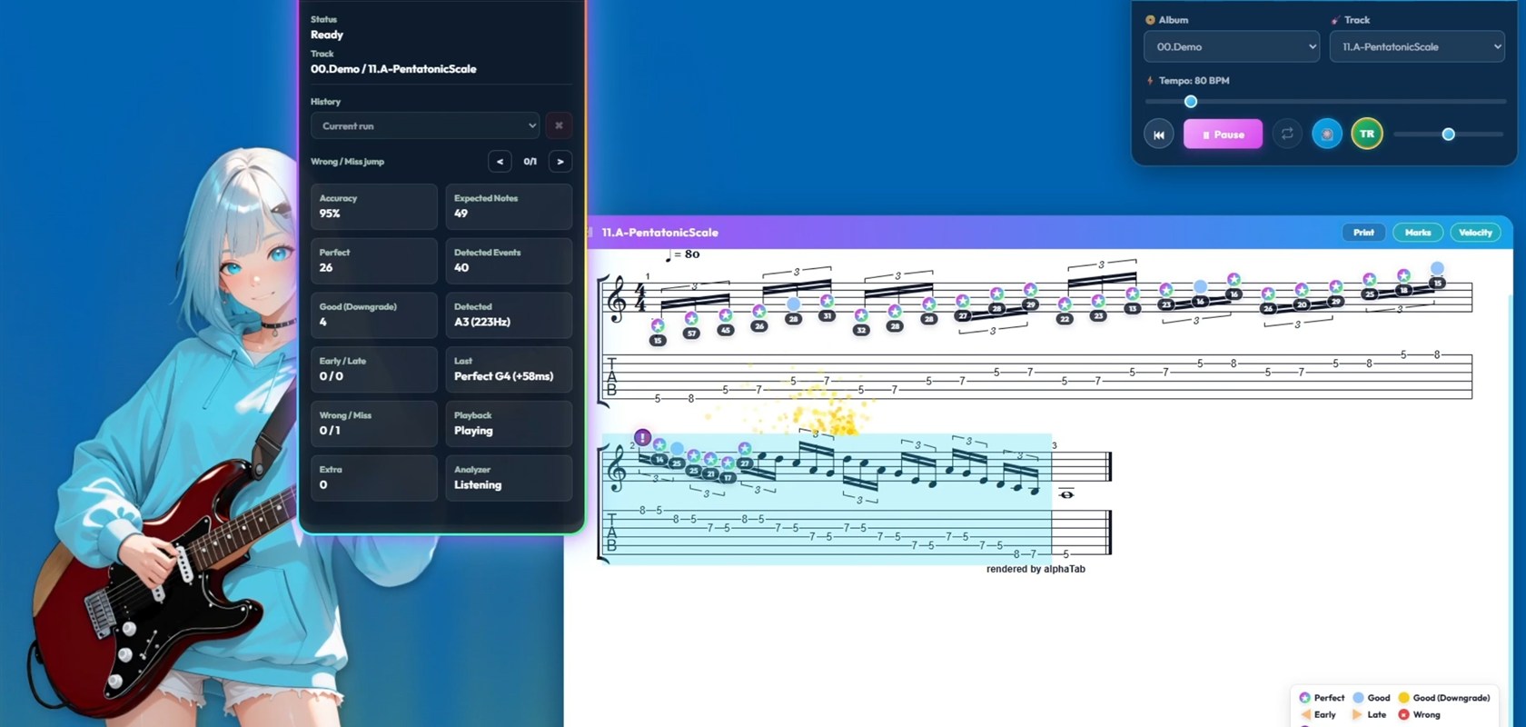 Guitar Practice Mate showing real-time judgments over guitar TAB